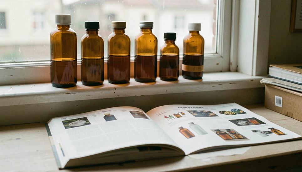 Pressed amber glass bottles glow on a windowsill above an open catalogue of supplies.