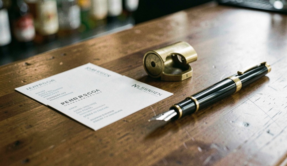 A brass pump clip sits unused beside business cards and a fountain pen on a bar top.