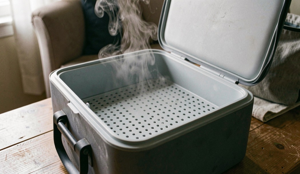 Steam rises gently above an insulated cool box fitted with a perforated false bottom.