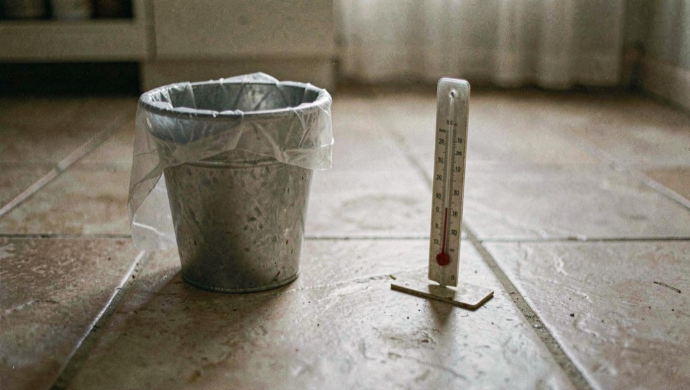 A shaded tiled floor hosts a wrapped bucket beside a thermometer propped upright nearby.