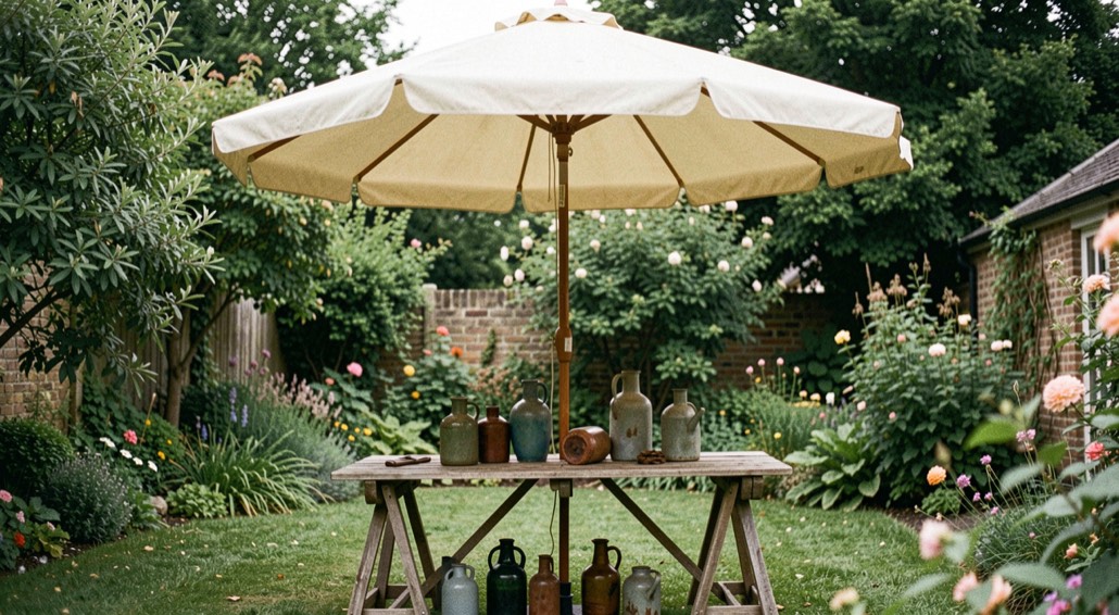 A lawn parasol casts welcomed shade over a garden trestle supporting resting vessels.