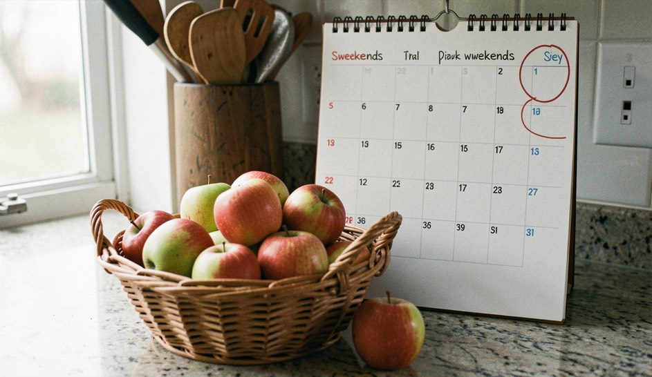 A kitchen calendar bears circled weekends beside a gathered basket of ripe apples below.