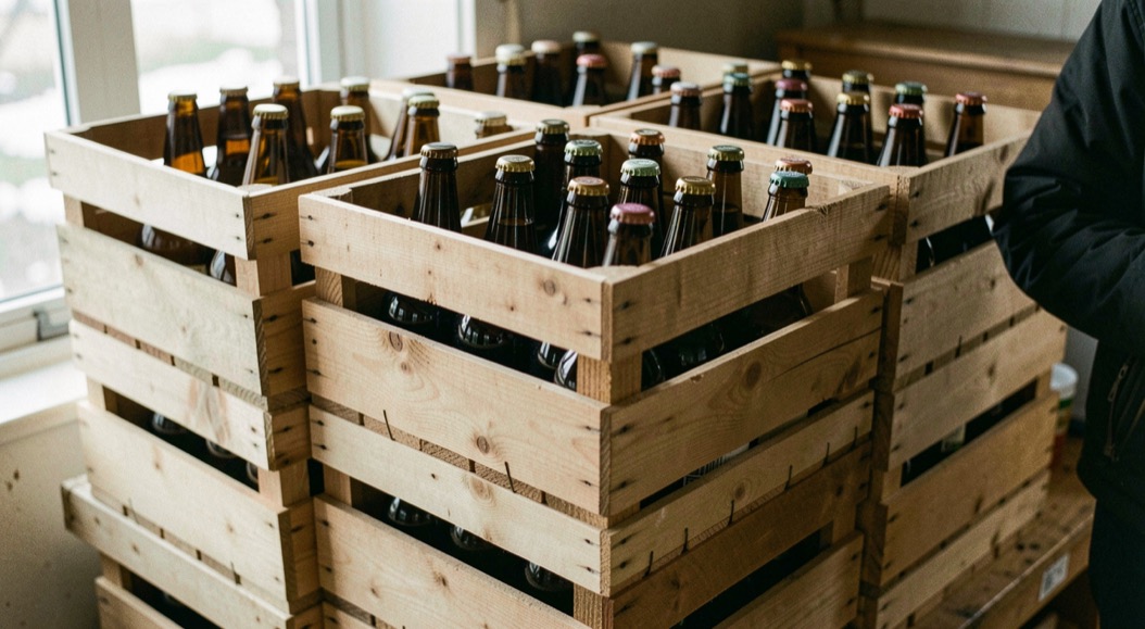 Wooden apple crates stack neatly containing capped cider bottles awaiting winter.
