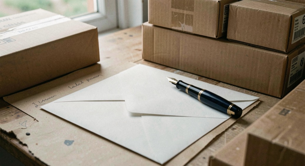 An envelope rests beside an inked fountain pen on a blotter beside parcels ready for posting.