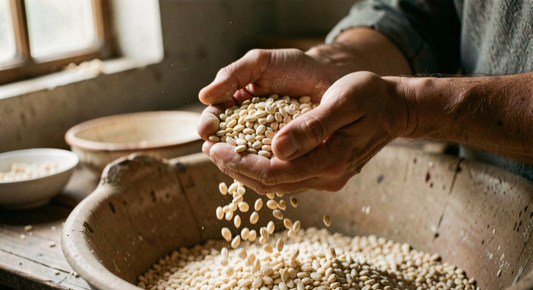 Hands cradle crushed pale grist letting kernels cascade downward catching lamplight warmly.