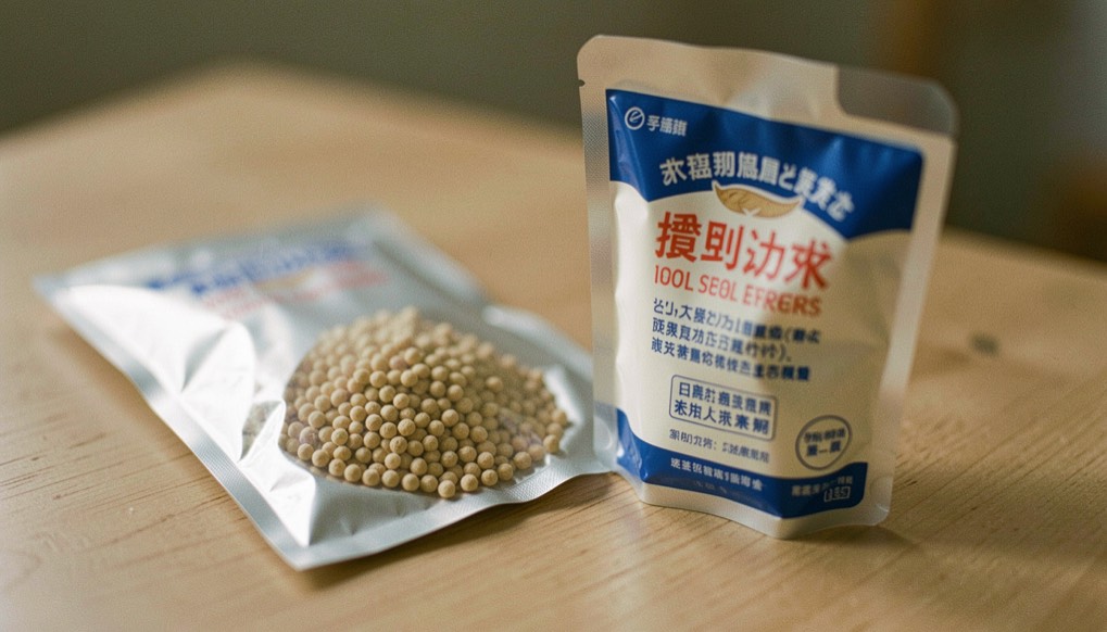 A foil sachet of dried yeast granules lies beside a chilled liquid pouch pack.