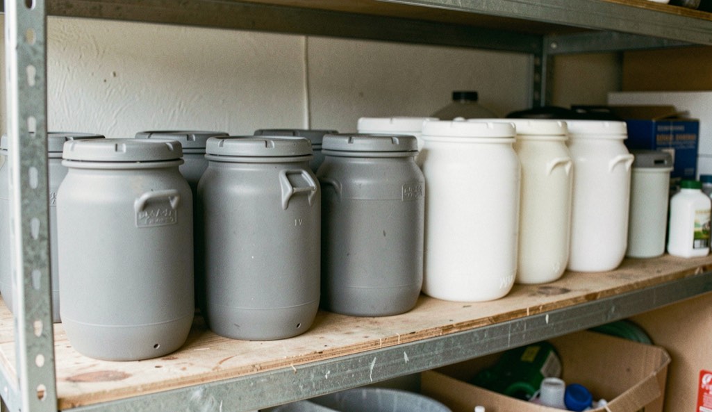 An assortment of grey and white plastic fermenting vessels waits patiently on a garage shelf.