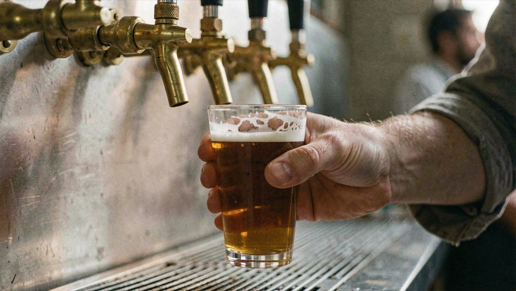 A hand pulls forward a glass of copper bitter beneath soft lighting behind brass taps.