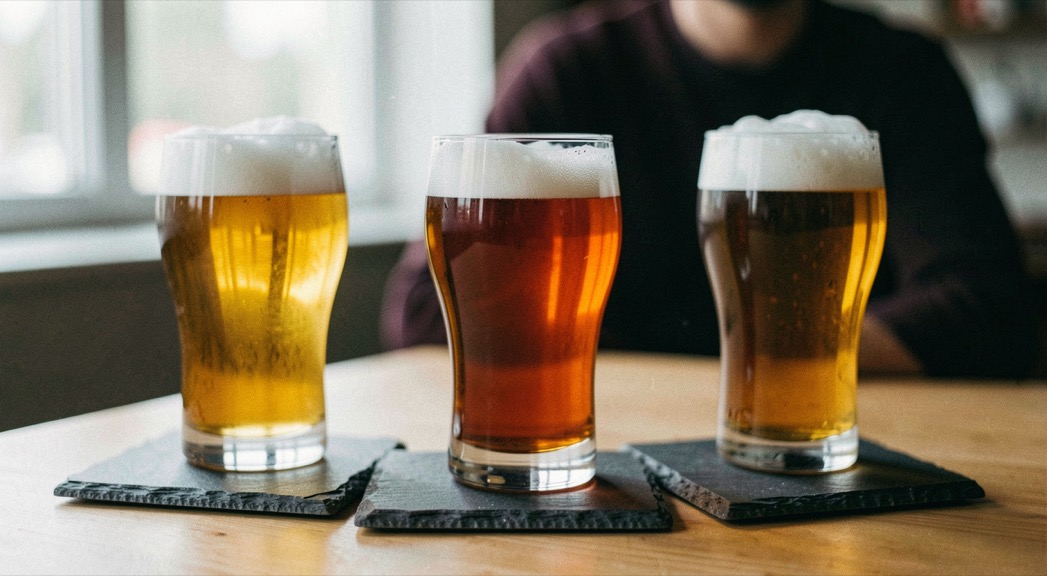 Three differently shaped beer glasses hold graduated shades of amber on slate coasters.