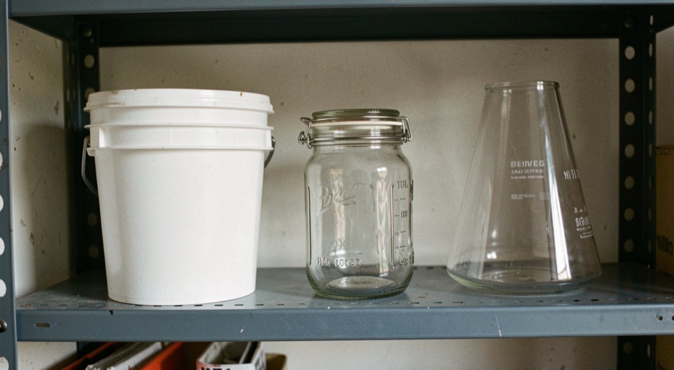 Three candidate vessels align on garage shelving: white bucket, glass jar and tapered conical vessel.