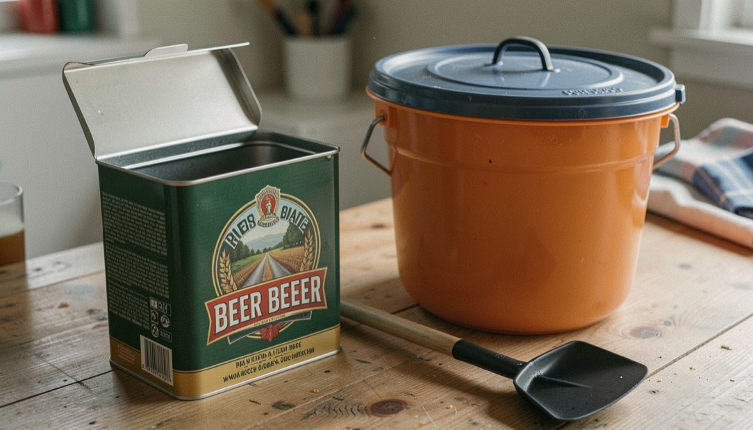 An opened beer kit tin stands beside a stirring paddle and a lidded bucket of amber wort.