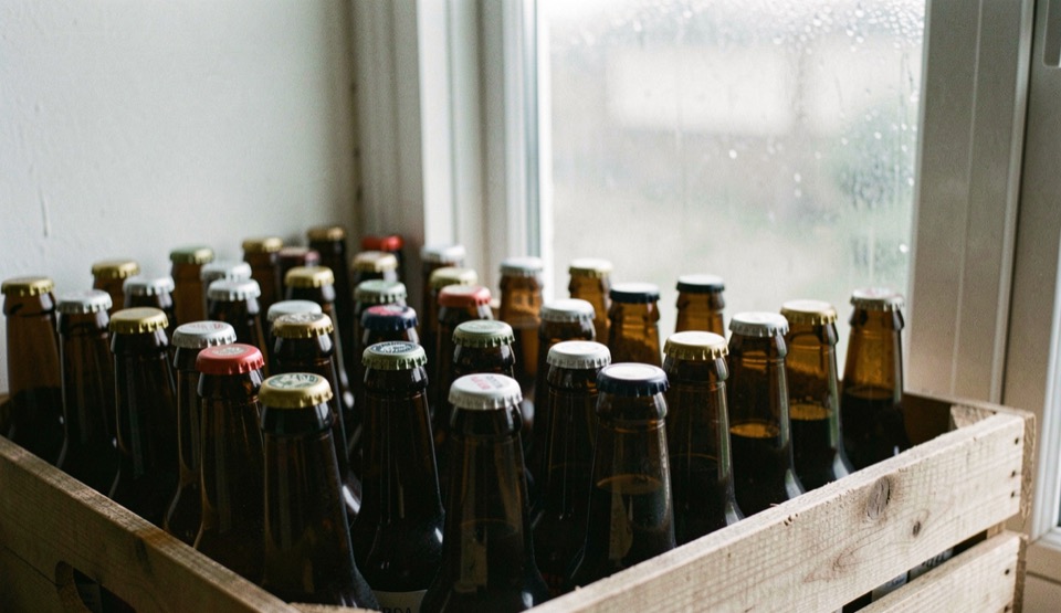 Rows of capped brown bottles stand in a wooden crate beside a cool window.