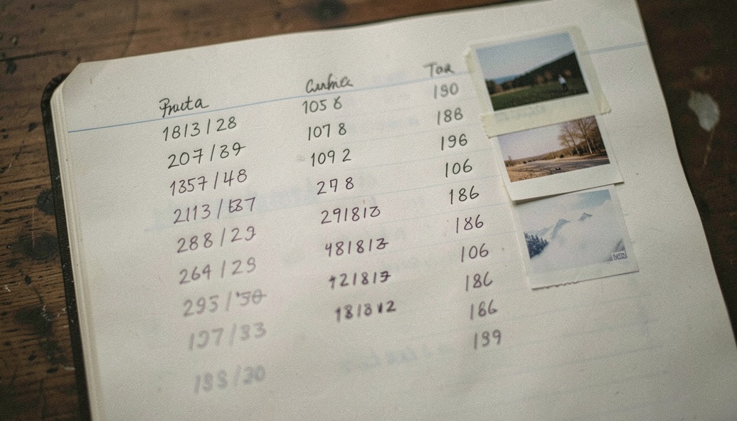 A notebook page shows columns of handwritten dates and numbers beside small taped samples.