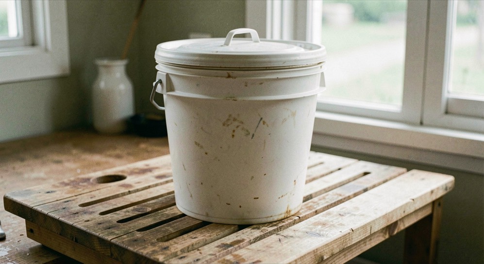 A wide mouthed fermenting bucket with a loose fitting lid rests on a wooden draining board.