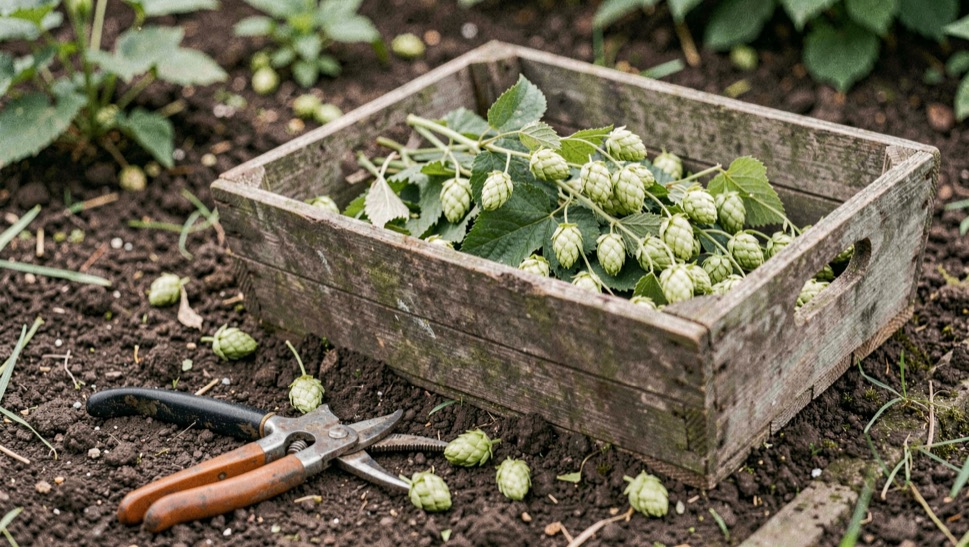 A weathered trug holds freshly picked hop umbels beside secateurs on garden soil.