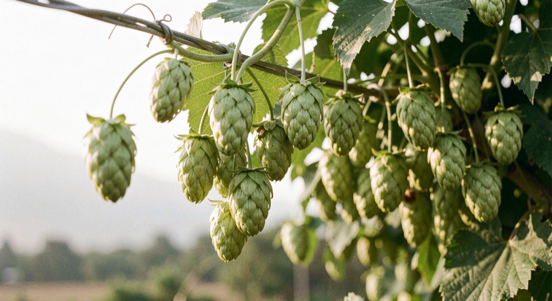 Green hop cones cluster densely along climbing twine against pale morning light.