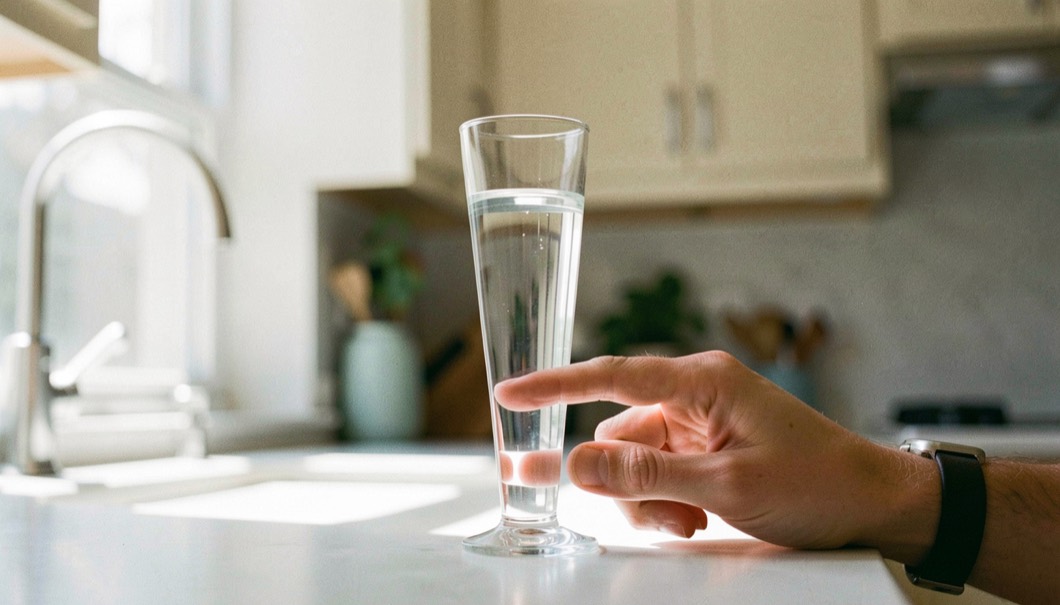 A fingertip steadies the slender glass against bright kitchen light while an eye aligns level.