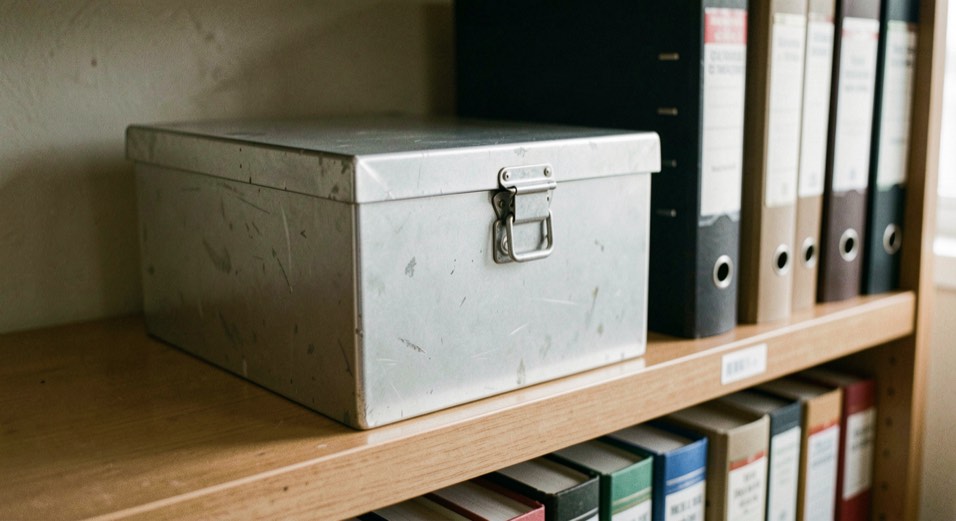 A sturdy metal document box with a closed lid sits on an office shelf beside ledger binders.