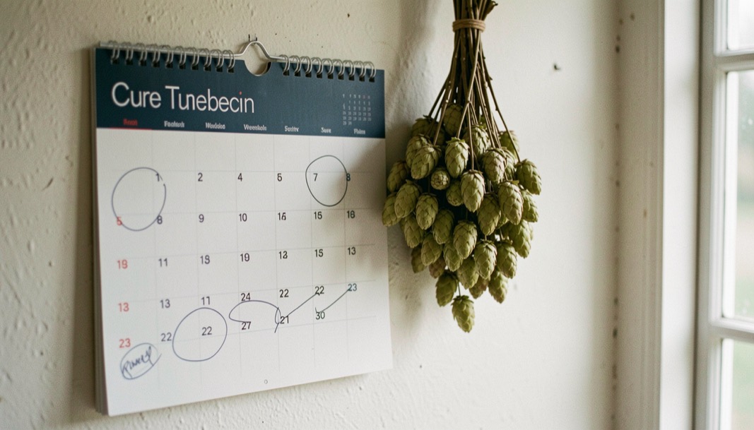 A wall calendar carries circled weekend dates beside a hanging bundle of dried hops.