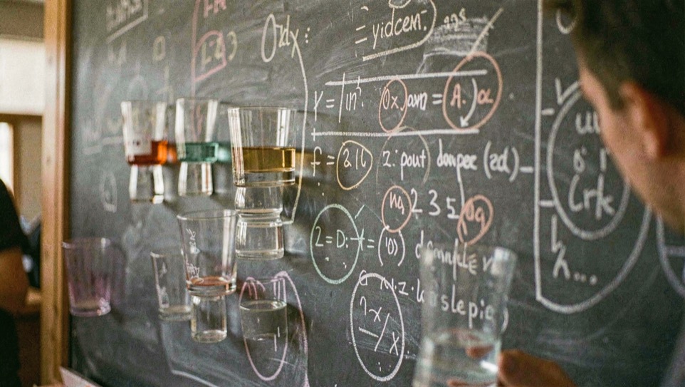 Sampling glasses array across a chalkboard tally bearing circled observations.