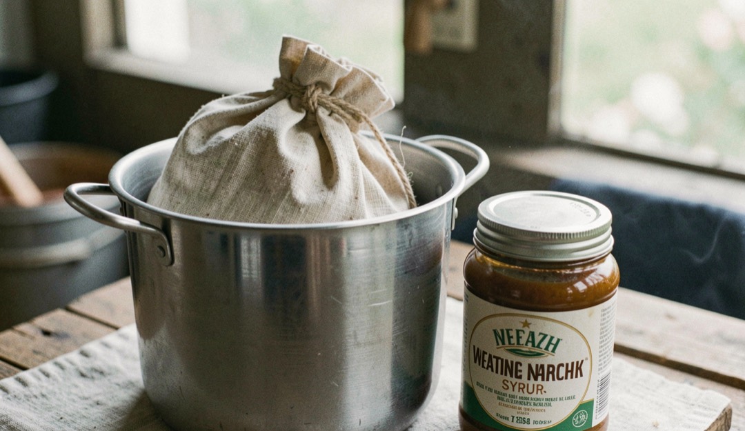 A cloth grain bag steeps in a large pot beside the waiting tin of syrup.