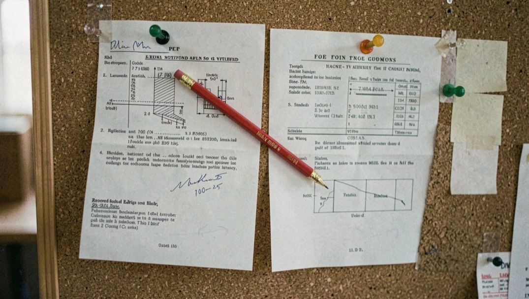A red pencil rests across two printed proof sheets pinned to a cork board.