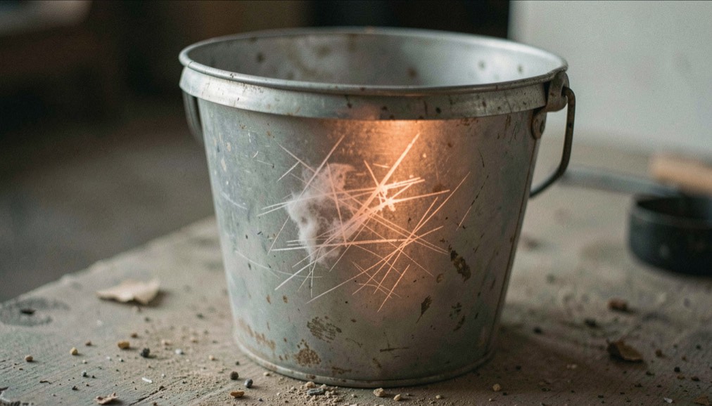 A retired scratched bucket shows cloudy surface scarring under torchlight examination.