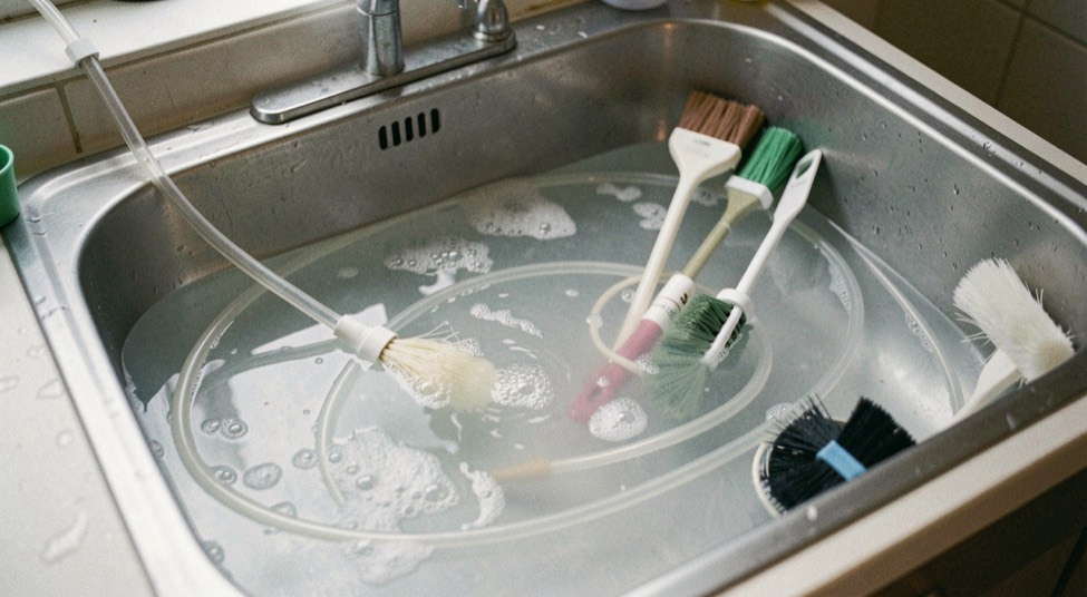 A utility sink holds cloudy sanitising solution with brushes and tubing submerged purposefully.