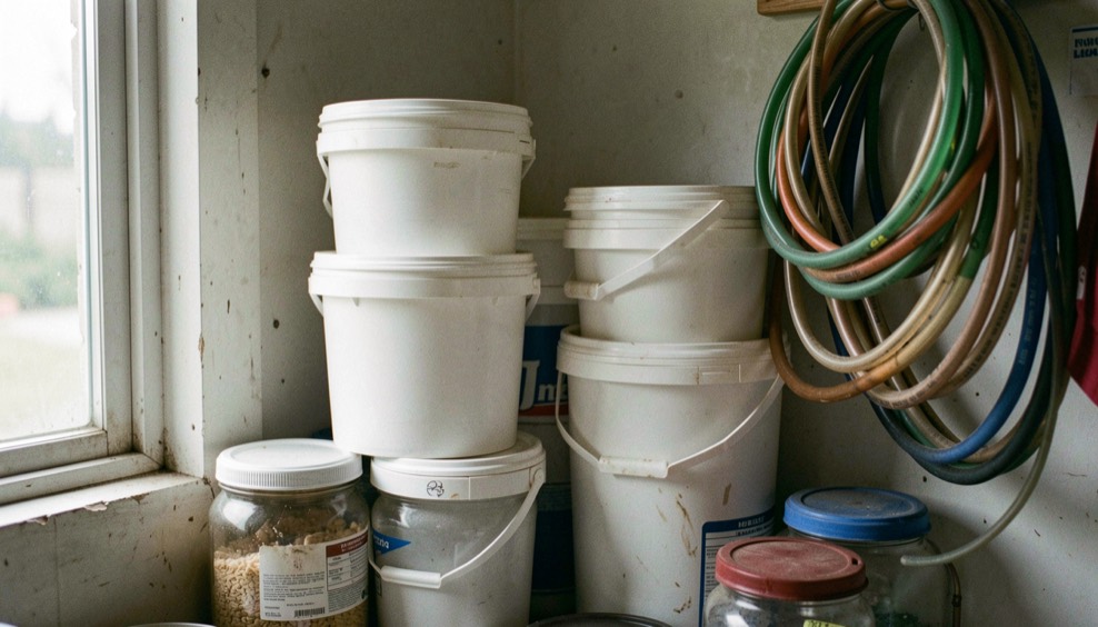 A compact utility corner hosts stacked buckets atop lidded jars beside hanging tubing coils.