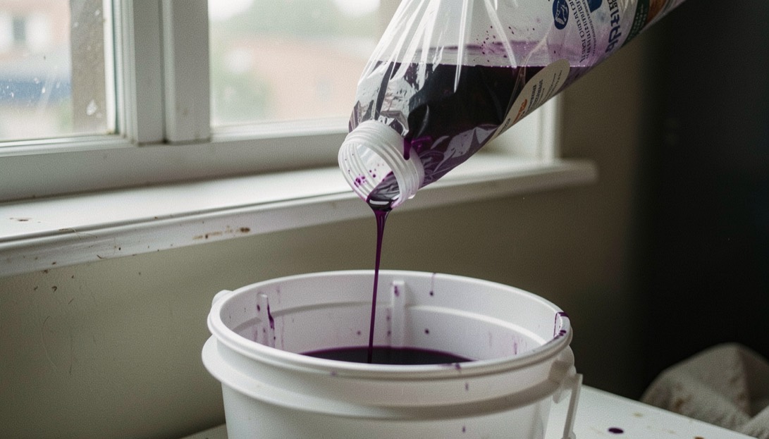 A straining bag drips deep purple juice into a white plastic bucket beneath a window.