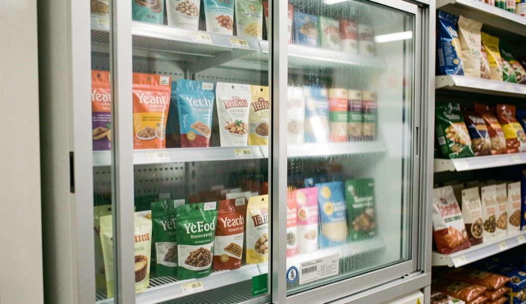 A chilled retail cabinet displays assorted yeast pouches behind misted sliding glass.